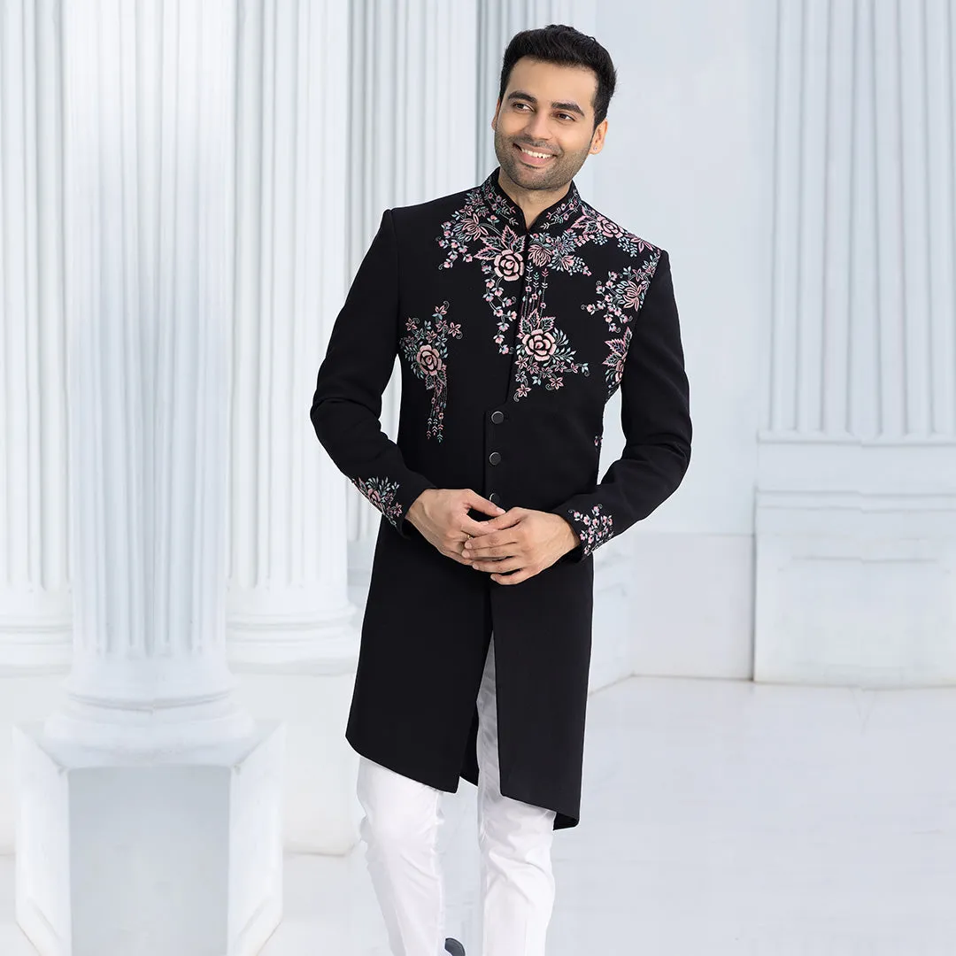 Opulent Black Sherwani with Exquisite Floral Motifs for Mens's