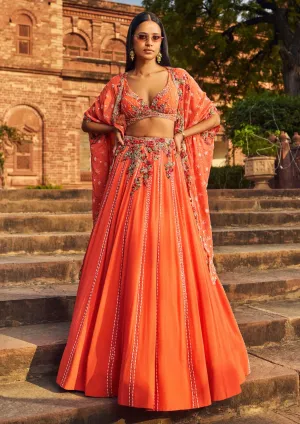 Orange luckhnavi lehenga cape set