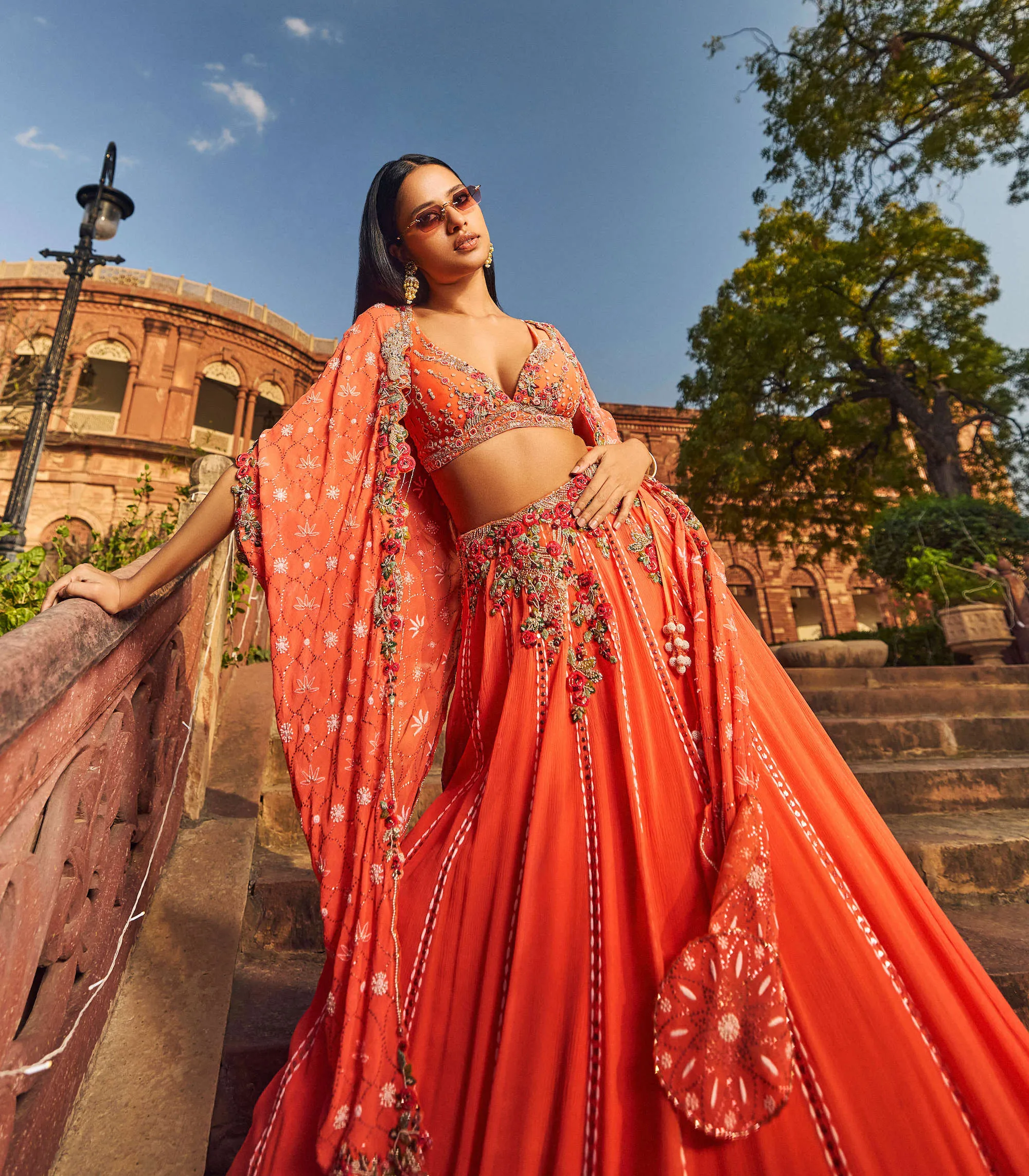 Orange luckhnavi lehenga cape set