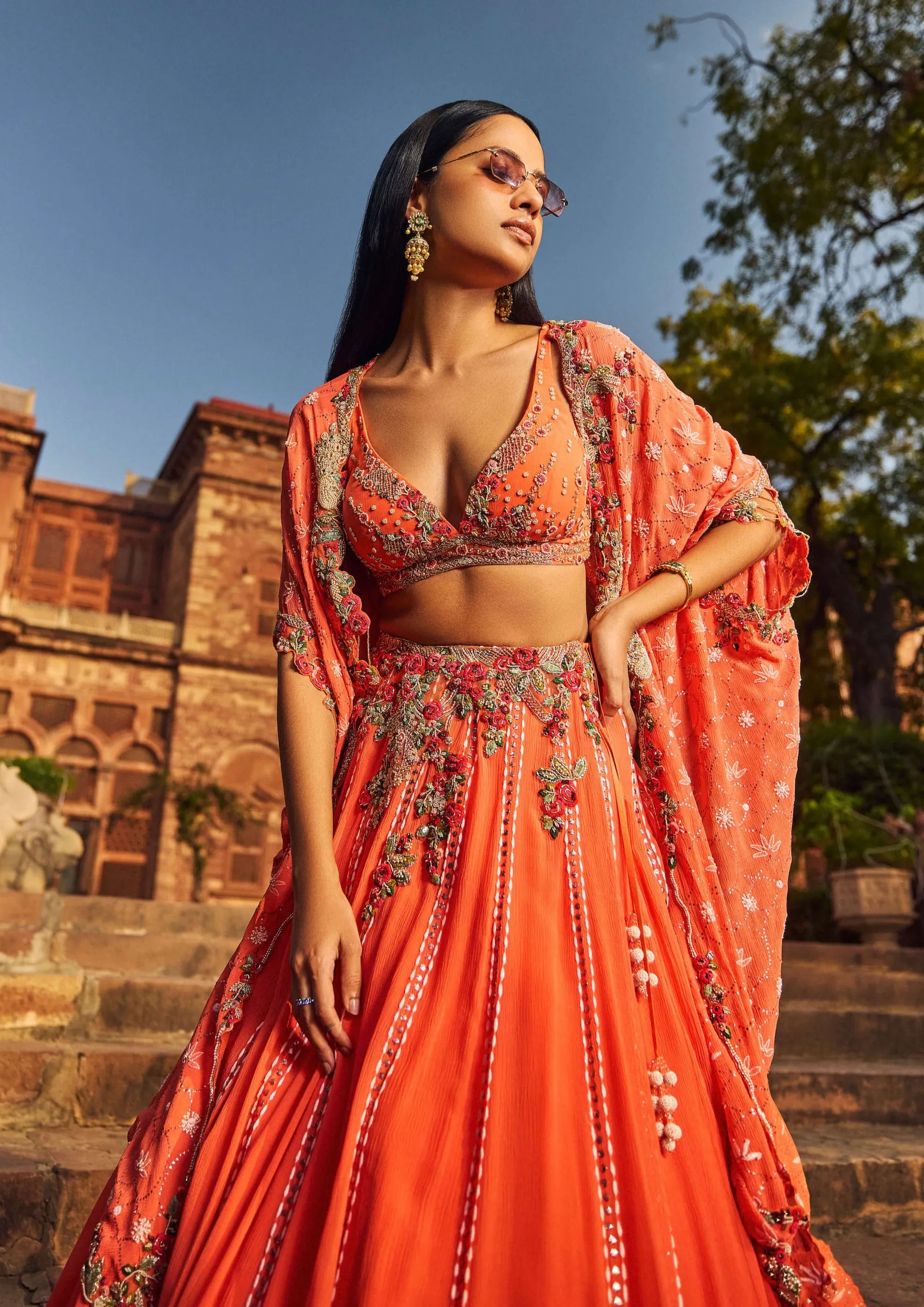 Orange luckhnavi lehenga cape set