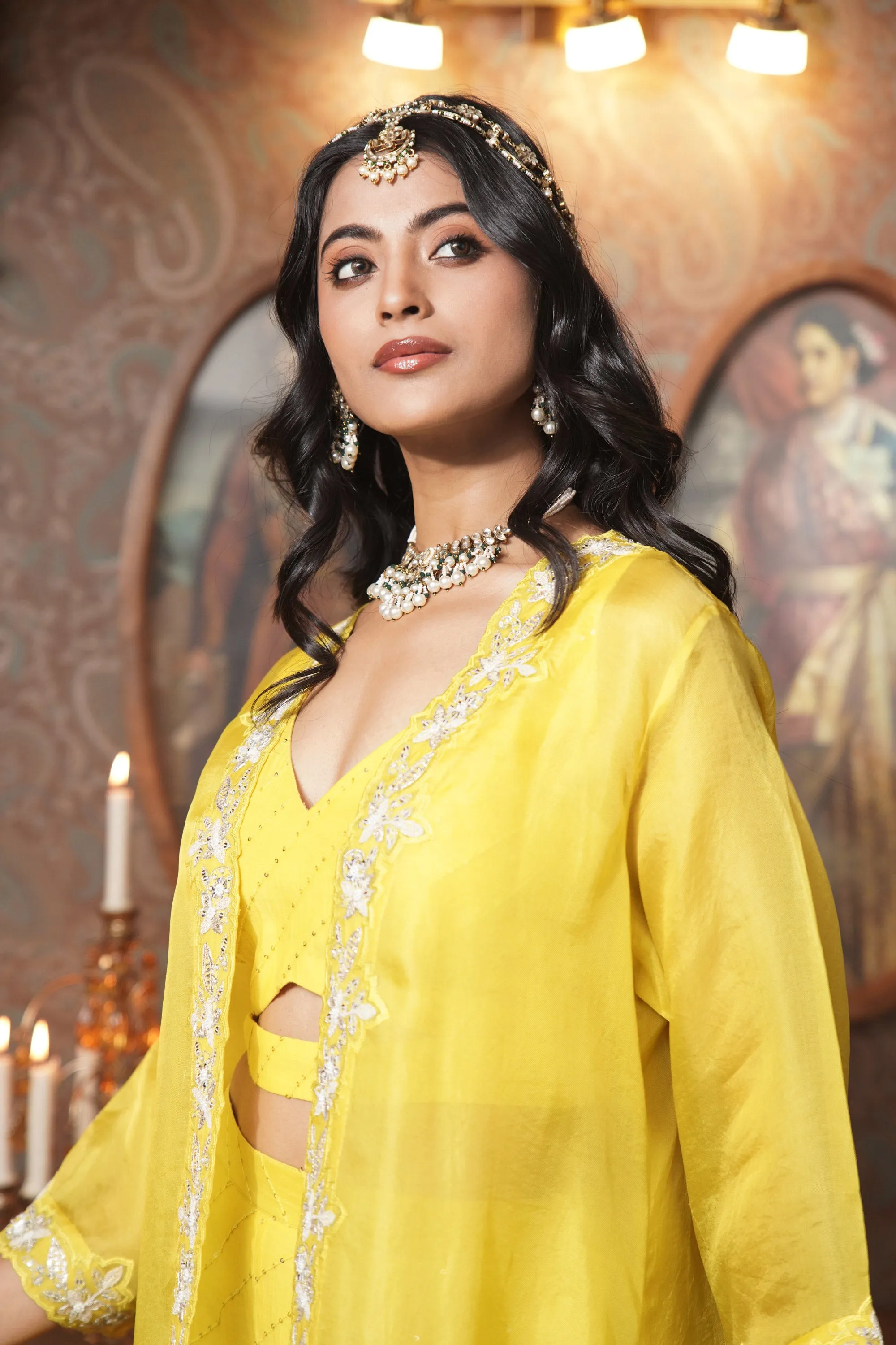 Organza Jacket with Mul Chanderi Crop top and Pants