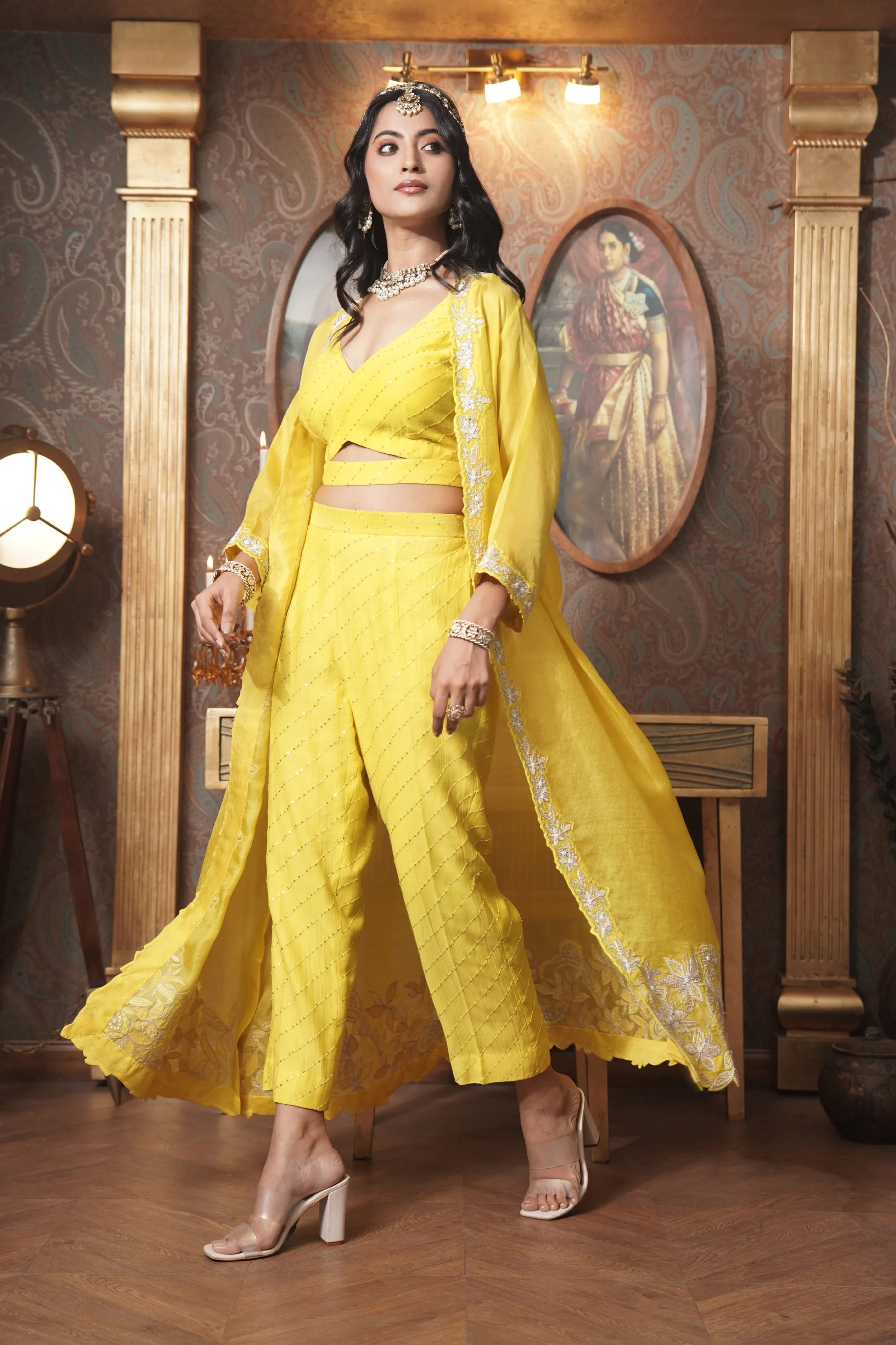 Organza Jacket with Mul Chanderi Crop top and Pants