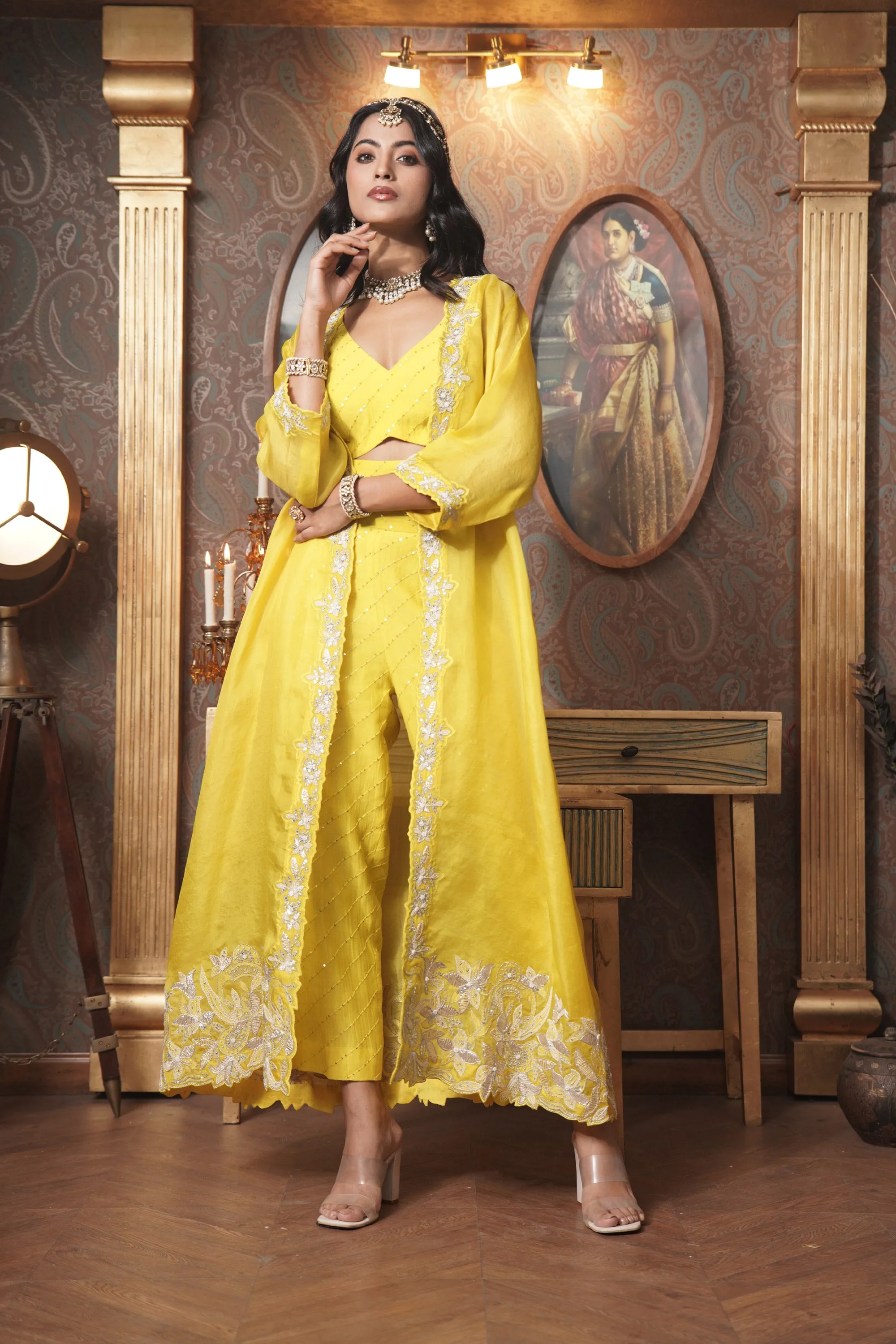 Organza Jacket with Mul Chanderi Crop top and Pants