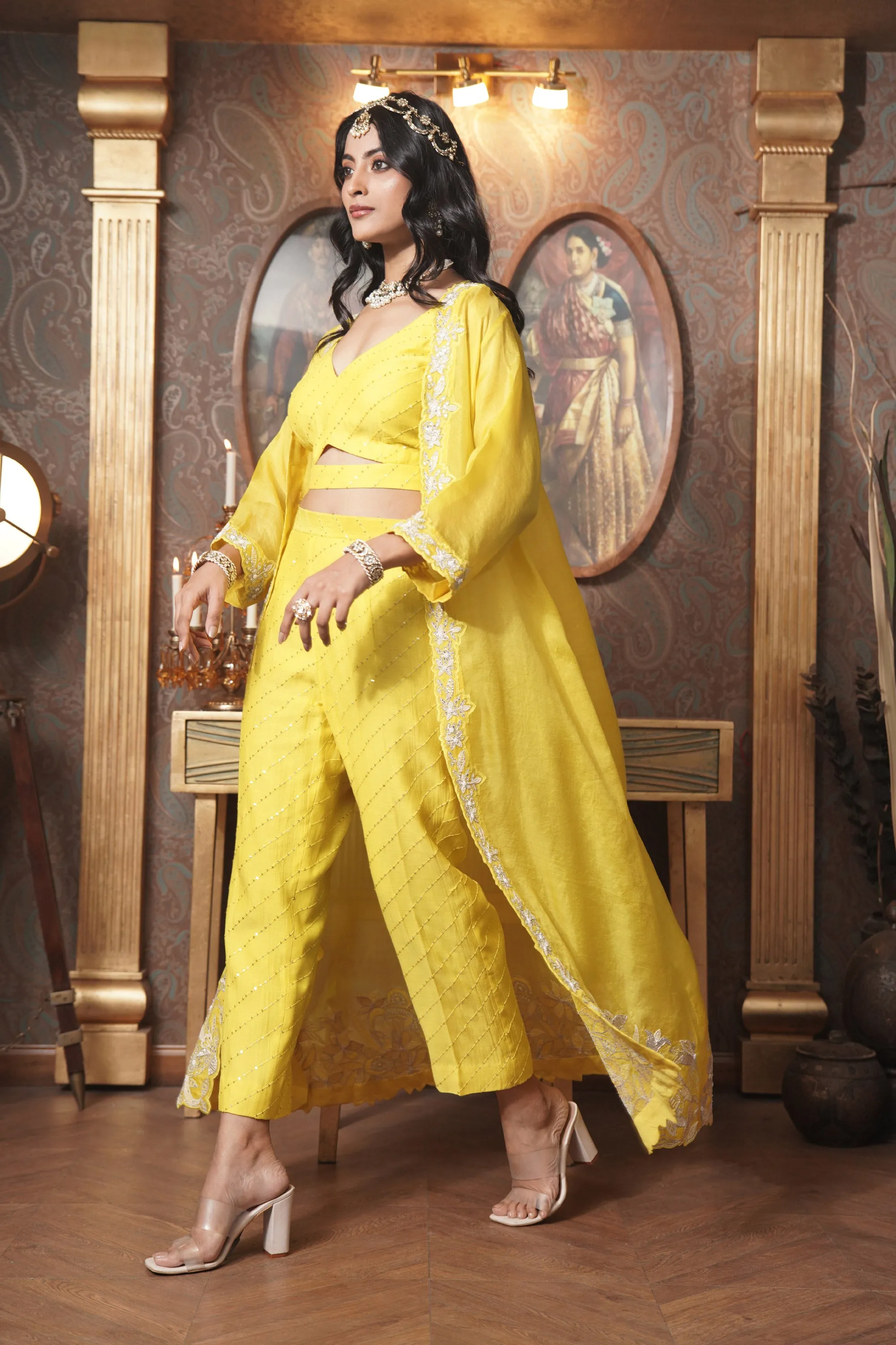 Organza Jacket with Mul Chanderi Crop top and Pants