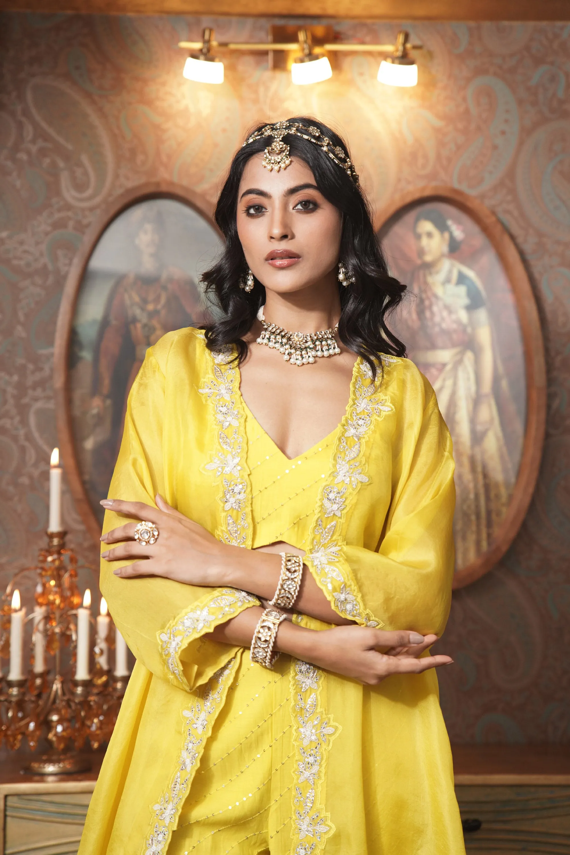 Organza Jacket with Mul Chanderi Crop top and Pants