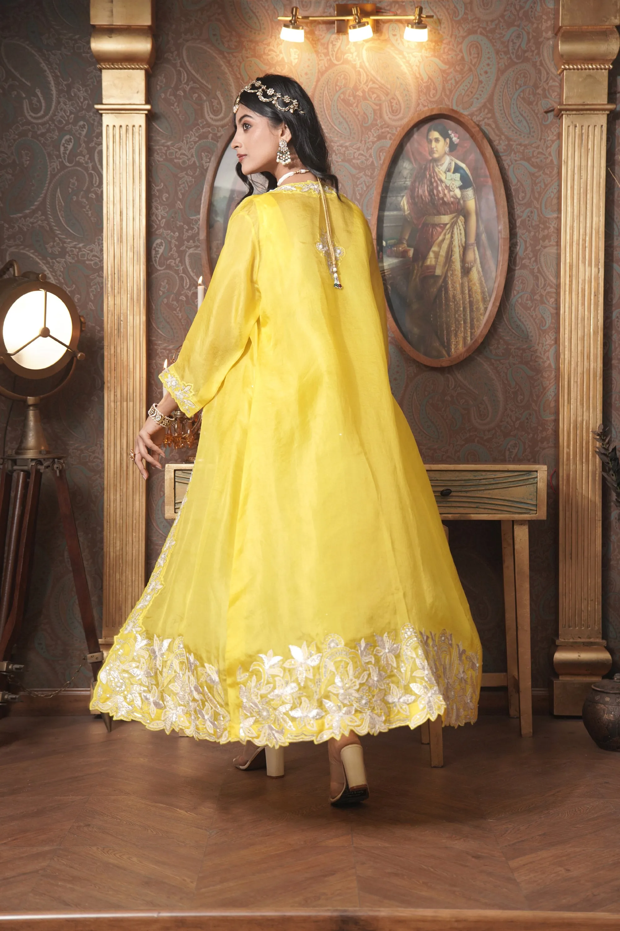 Organza Jacket with Mul Chanderi Crop top and Pants