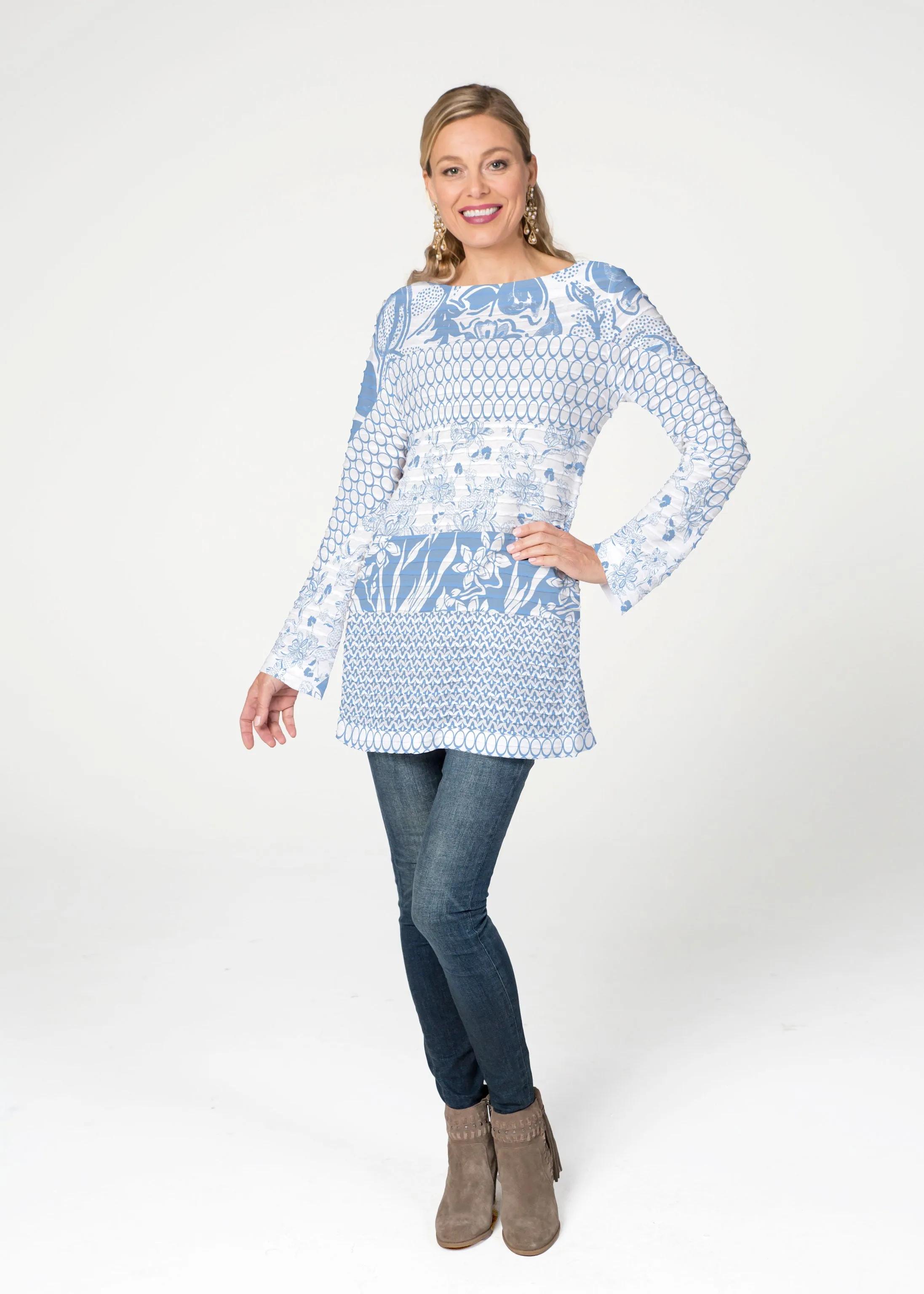 Patchwork Blue (7902) ~ Banded Boatneck Tunic