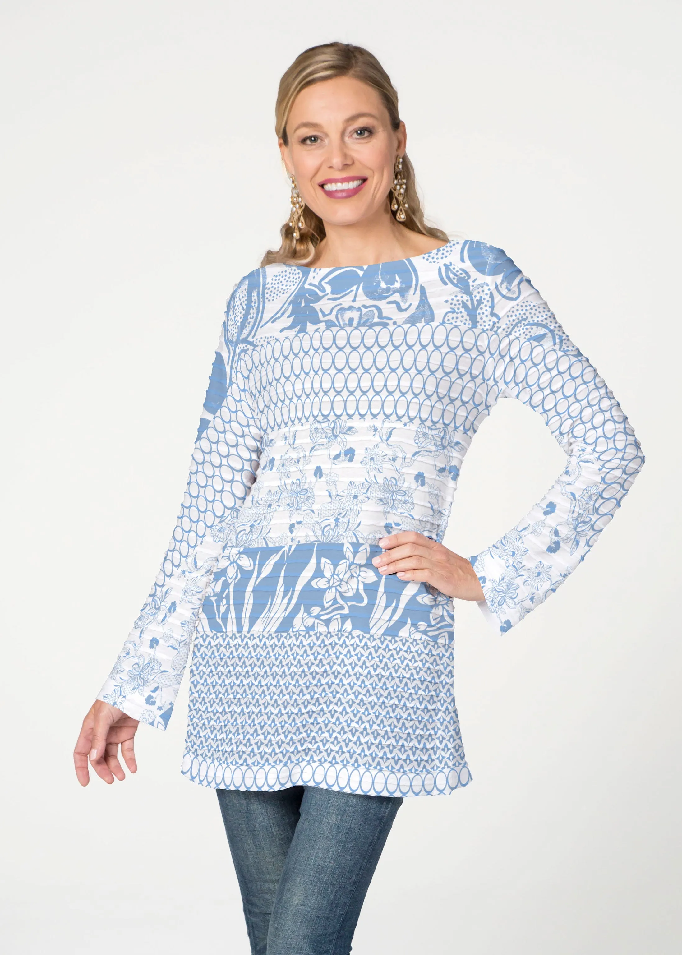 Patchwork Blue (7902) ~ Banded Boatneck Tunic
