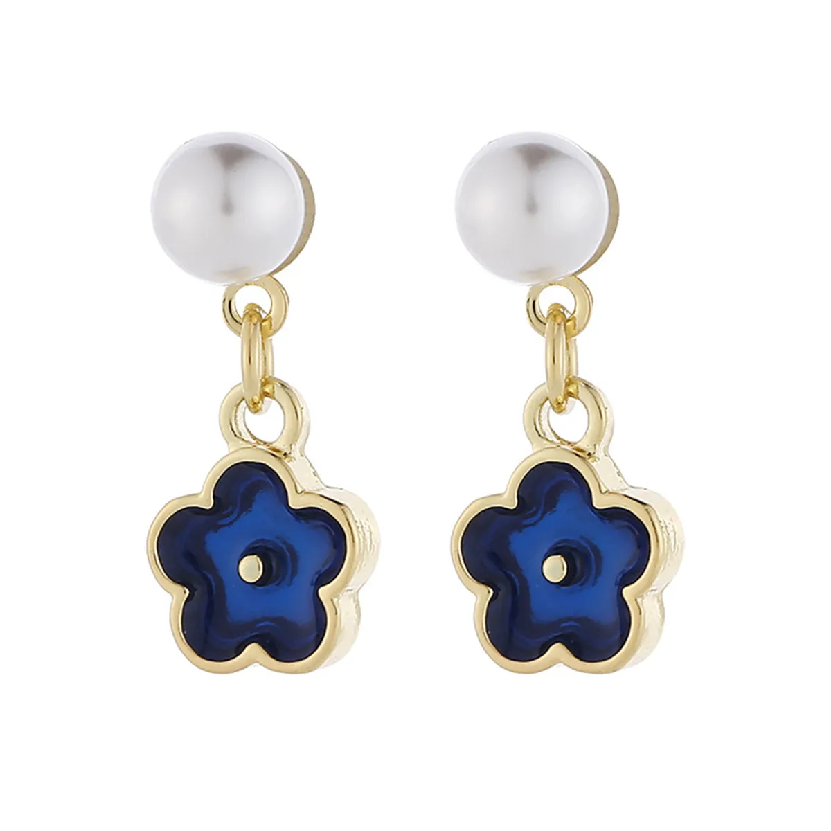 Pearl & Blue Enamel 18K Gold-Plated Floral Dangle Earrings