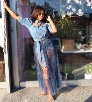 Peek-A-Boo Denim Tulle Top