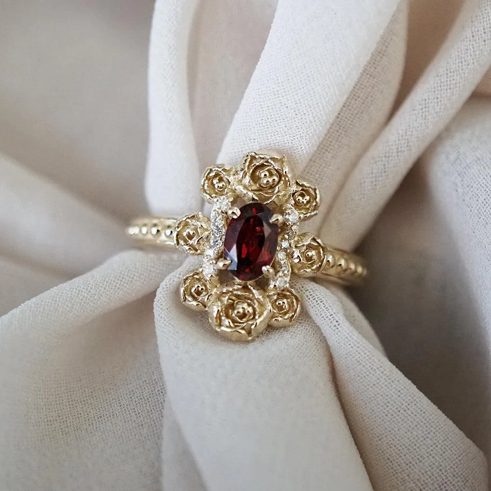 Peonies Oval Garnet Ring in 14K and 18K Gold