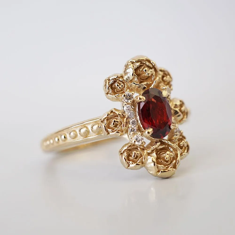 Peonies Oval Garnet Ring in 14K and 18K Gold
