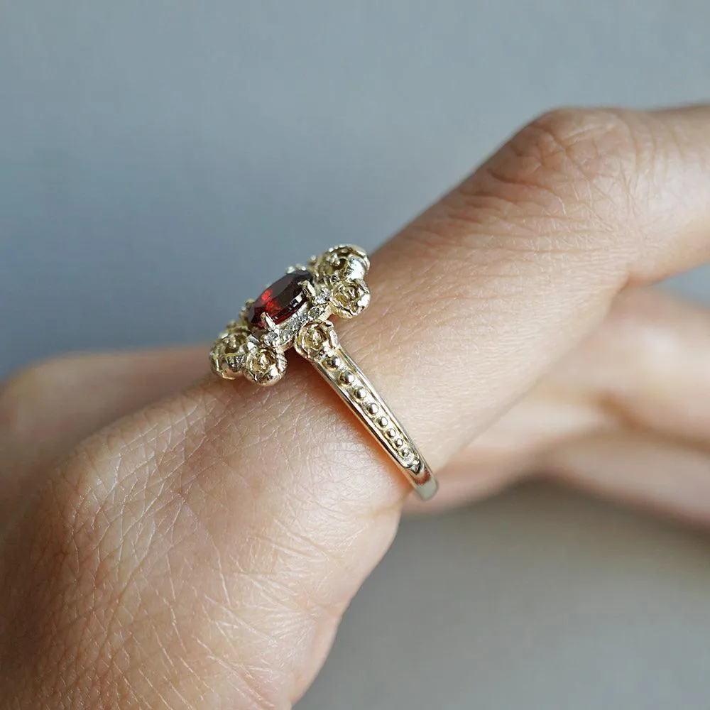 Peonies Oval Garnet Ring in 14K and 18K Gold