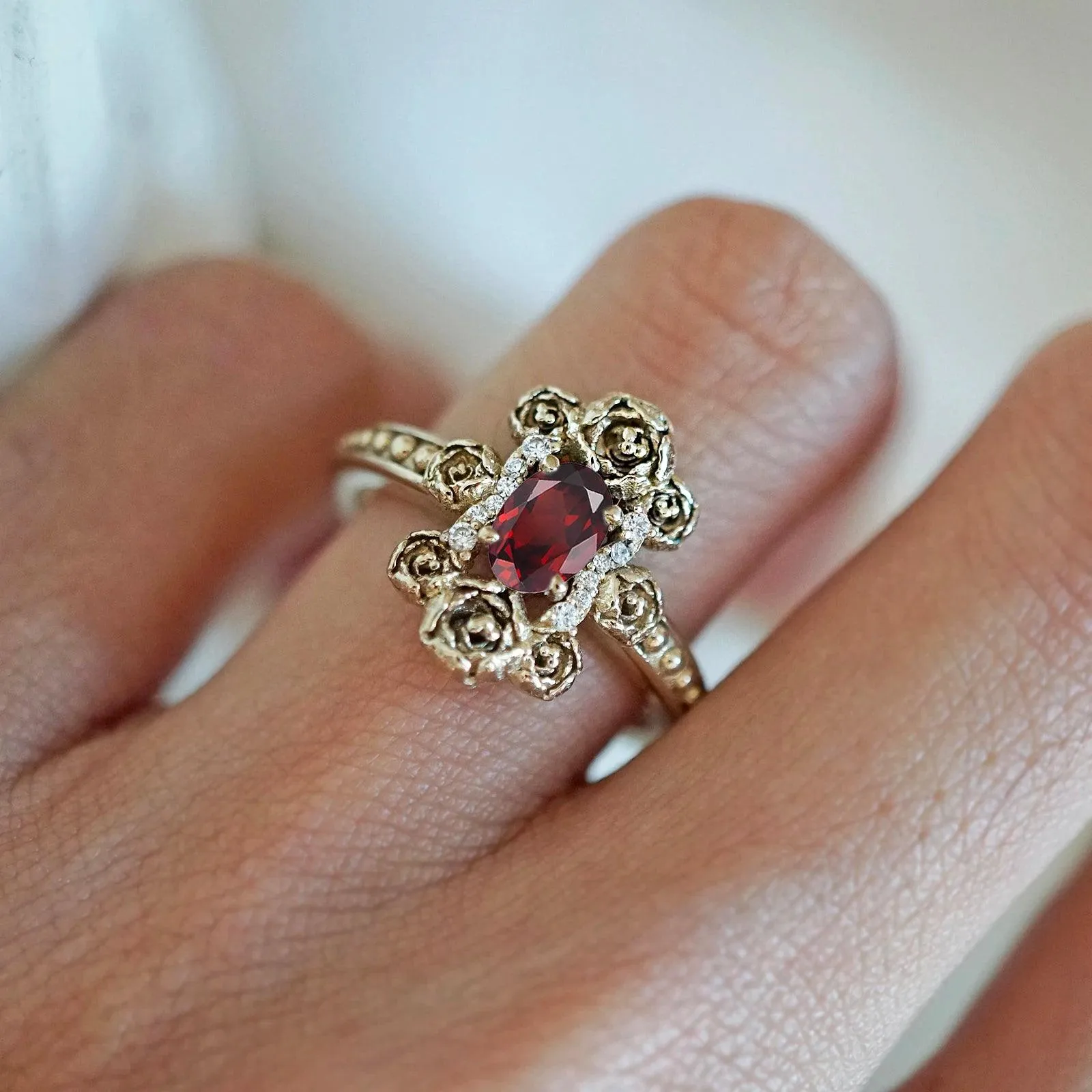 Peonies Oval Garnet Ring in 14K and 18K Gold