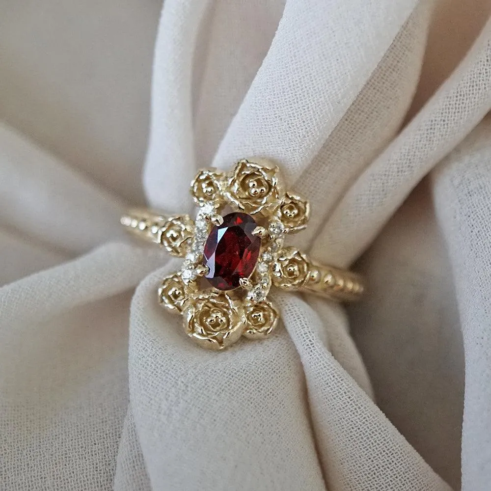 Peonies Oval Garnet Ring in 14K and 18K Gold