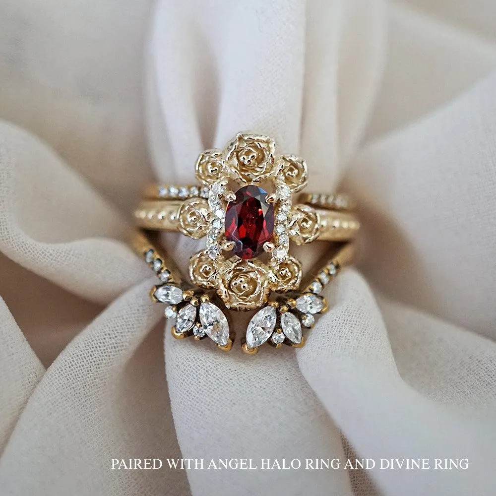 Peonies Oval Garnet Ring in 14K and 18K Gold