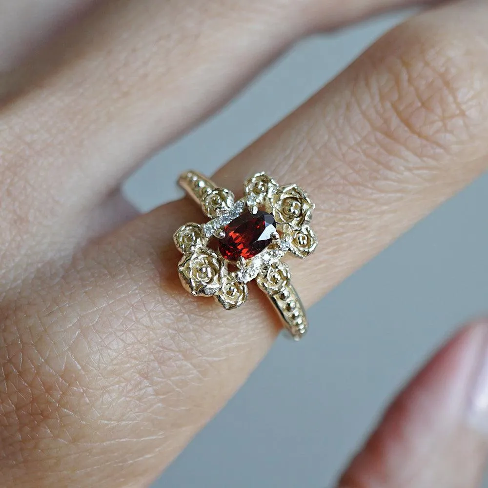 Peonies Oval Garnet Ring in 14K and 18K Gold