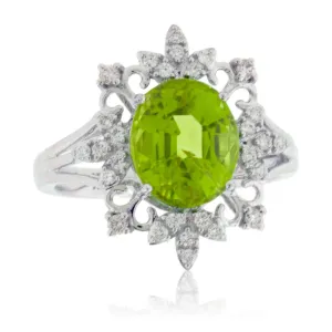 Peridot with Intricate Diamond Halo Ring