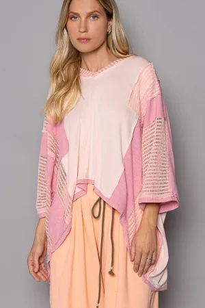 Pink High-Low Contrast V-Neck Top