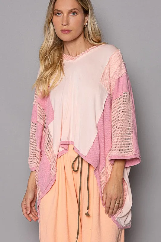 Pink High-Low Contrast V-Neck Top