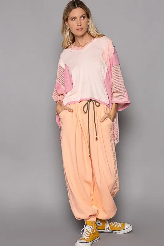 Pink High-Low Contrast V-Neck Top