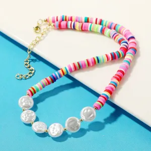 Pink Multicolor Clay & Pearl Statement Necklace