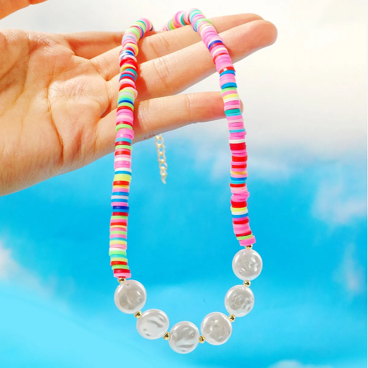 Pink Multicolor Clay & Pearl Statement Necklace