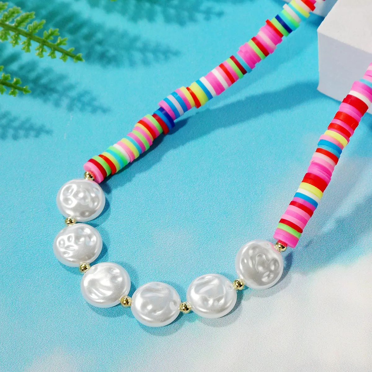 Pink Multicolor Clay & Pearl Statement Necklace