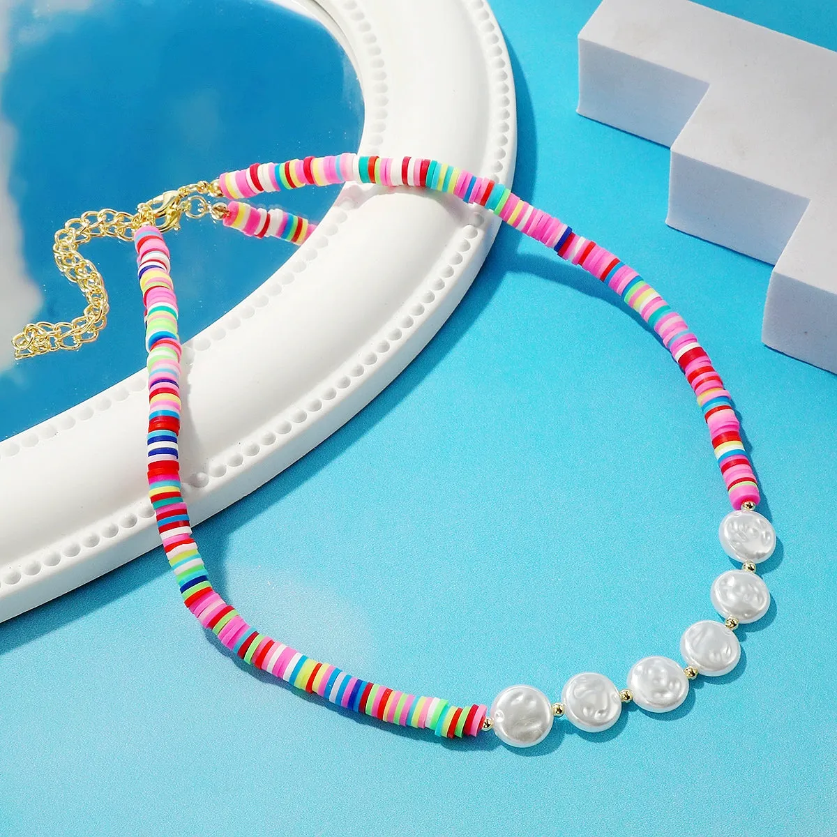 Pink Multicolor Clay & Pearl Statement Necklace