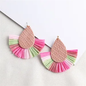 Pink Polystyrene & Lime Raffia Fan Drop Earrings