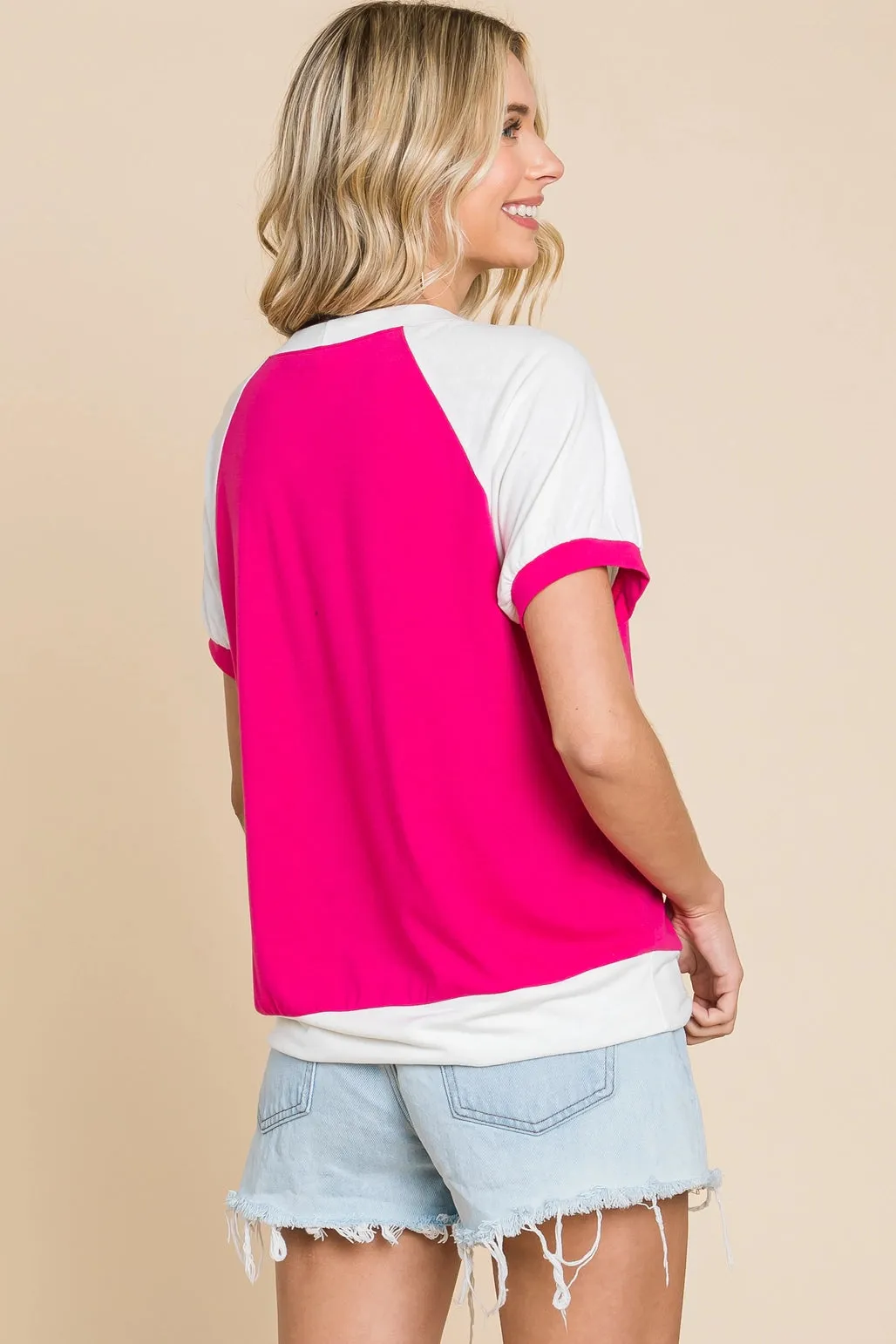 Plus Size T/R Span Casual Color Block-Hot Pink