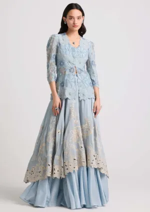 Powder blue sheer applique peplum jacket