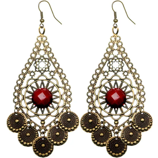 Red Beaded Disc Dangle Earrings