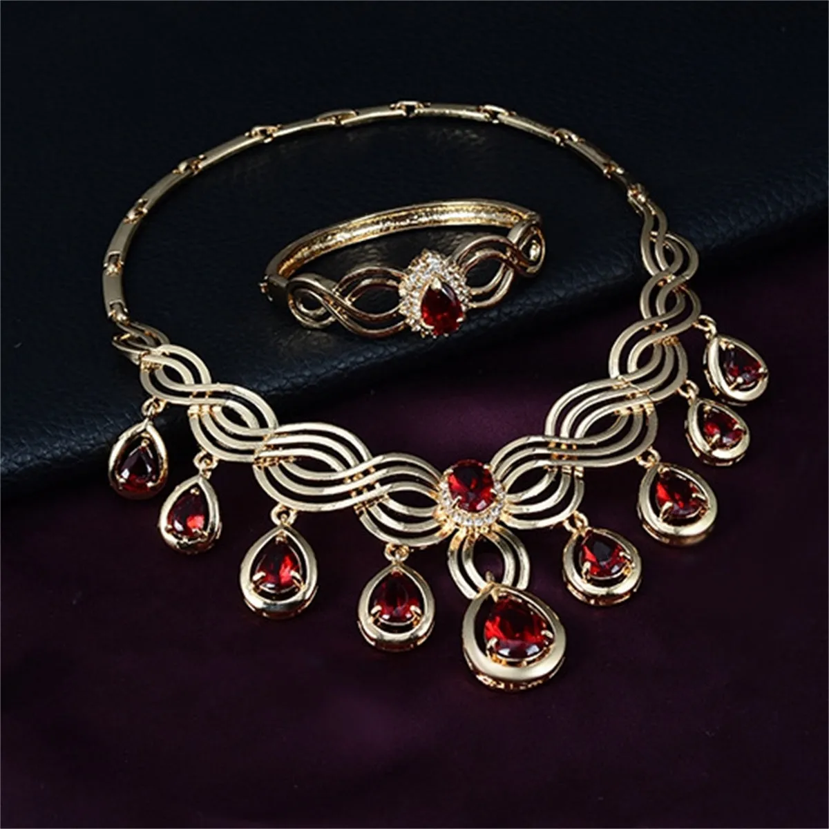 Red Crystal & 18K Gold-Plated Cubic Zirconia-Accent Teardrop Statement Necklace Set