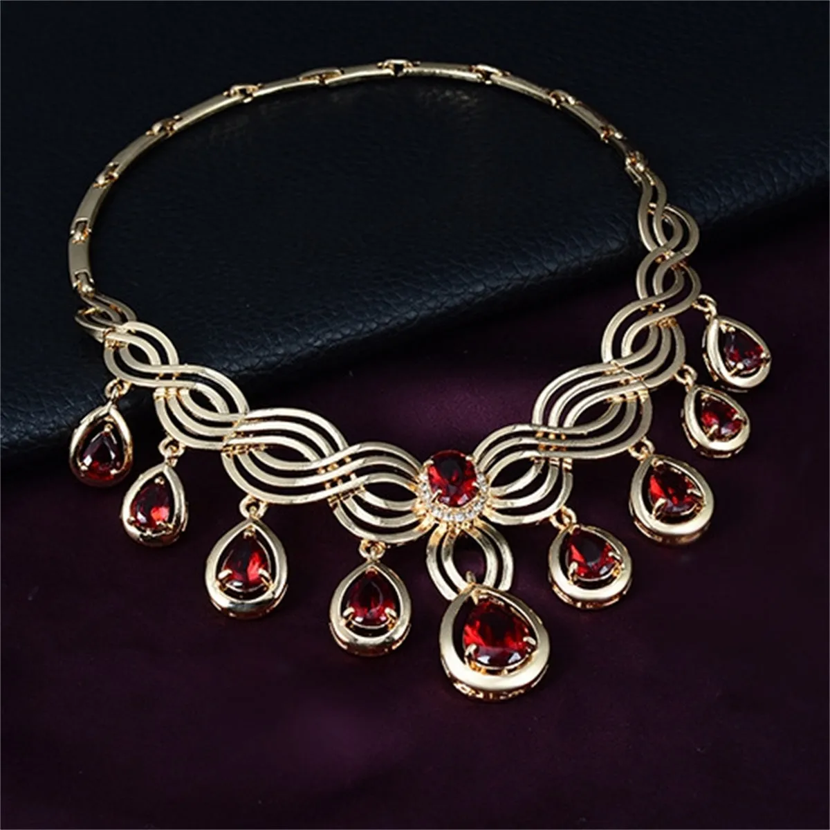 Red Crystal & 18K Gold-Plated Cubic Zirconia-Accent Teardrop Statement Necklace Set