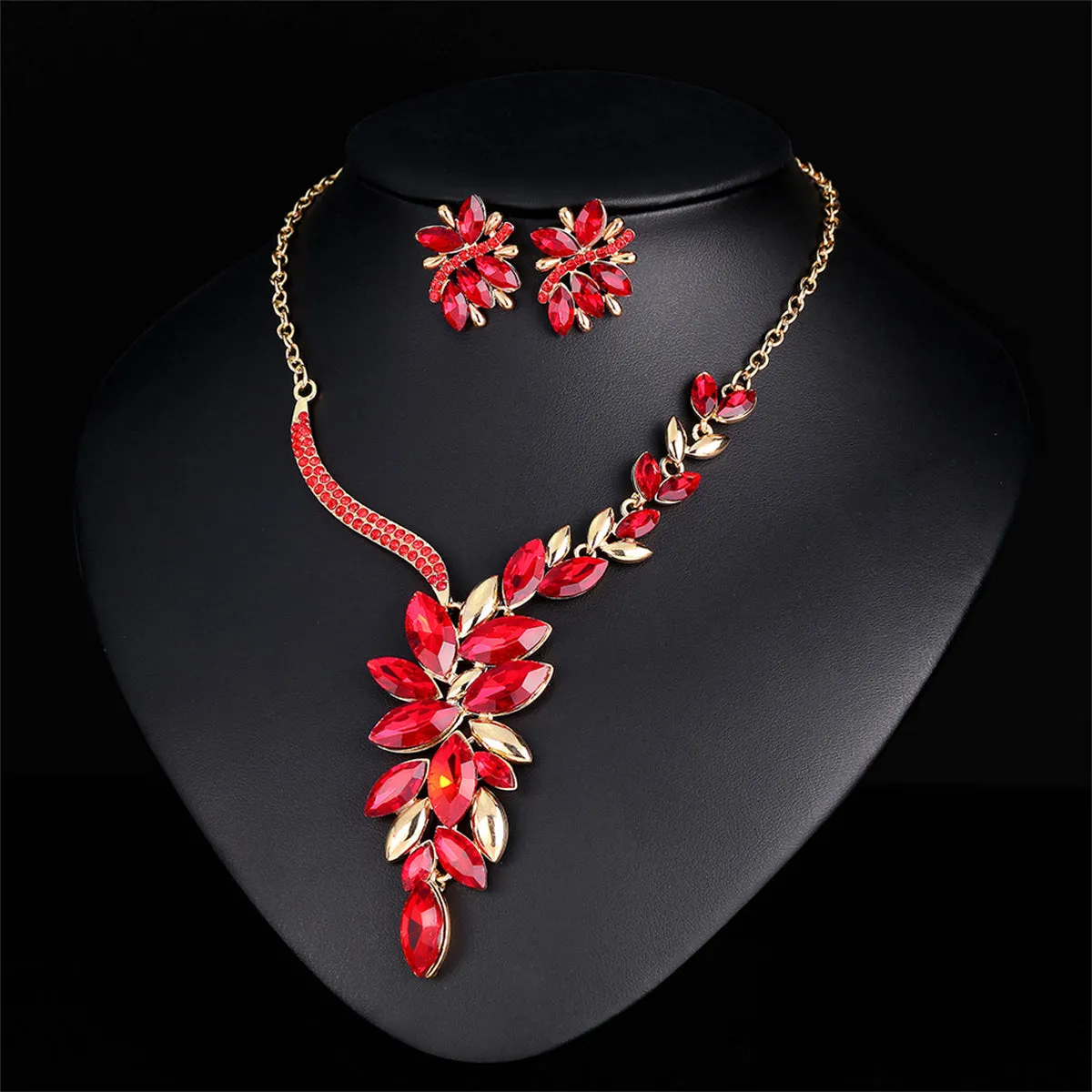 Red Crystal & Cubic Zirconia Cluster Necklace & Drop Earrings