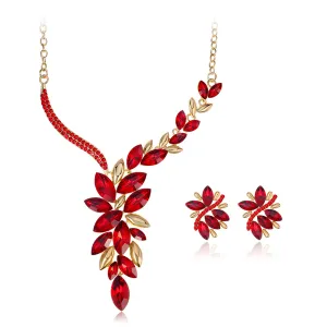 Red Crystal & Cubic Zirconia Cluster Necklace & Drop Earrings