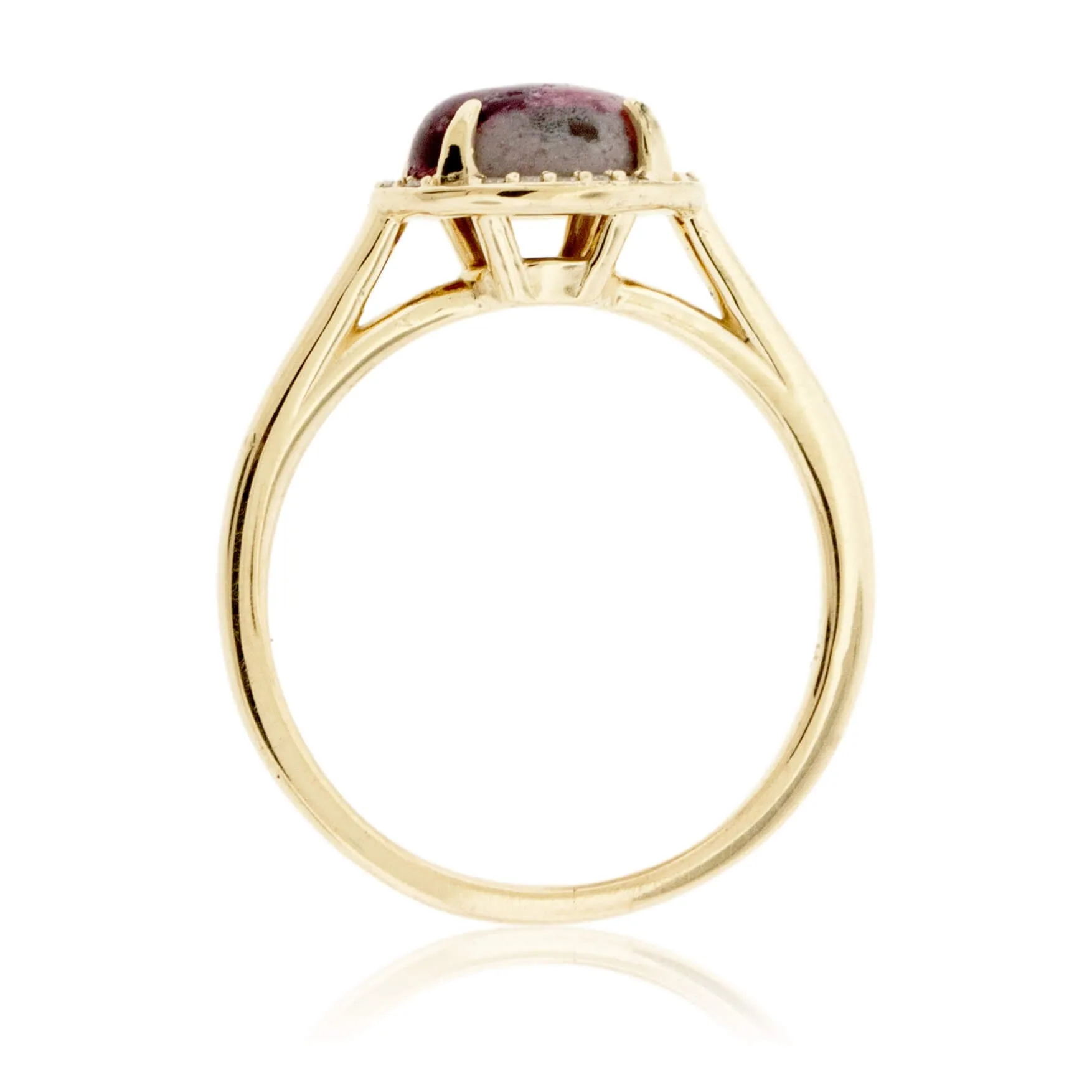 Red Emerald Cabochon with Diamond Halo Ring