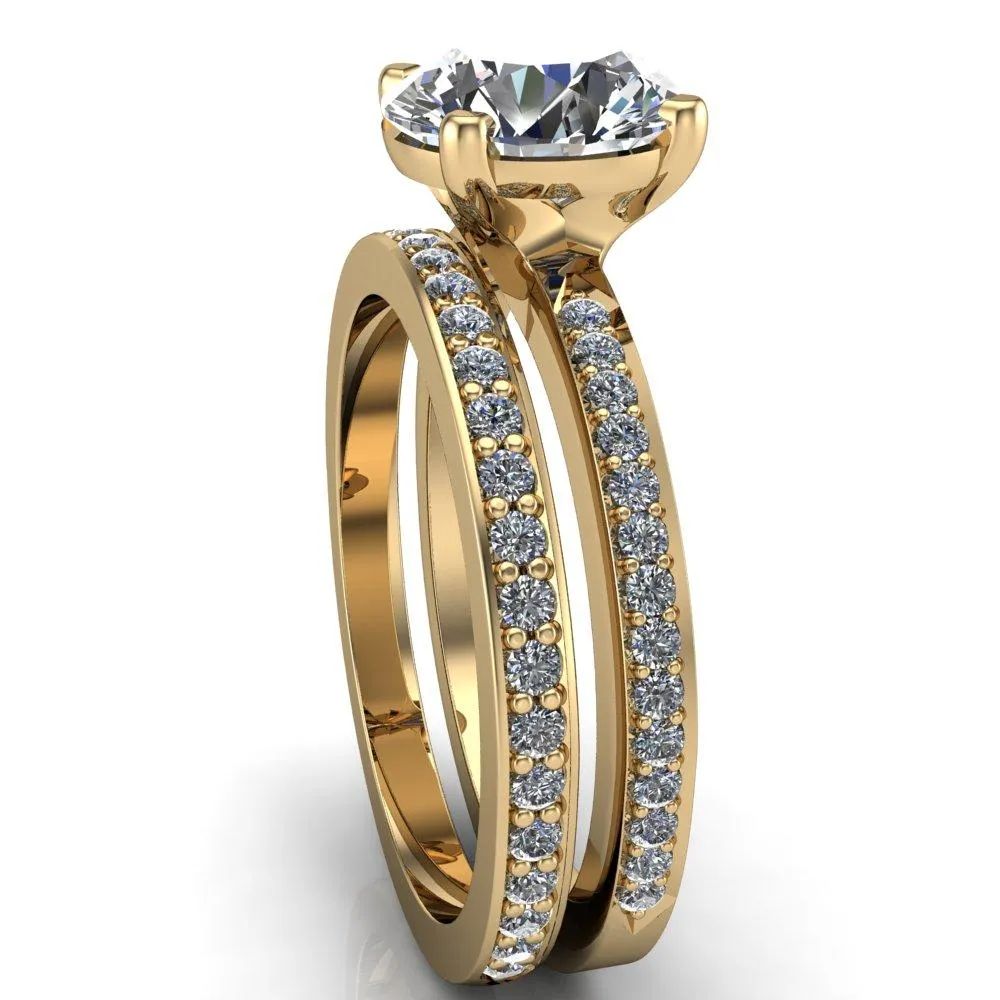 Riley Round Center Stone Exquisite 4 Prong Shank Diamond Etched Sides Solitaire Ring