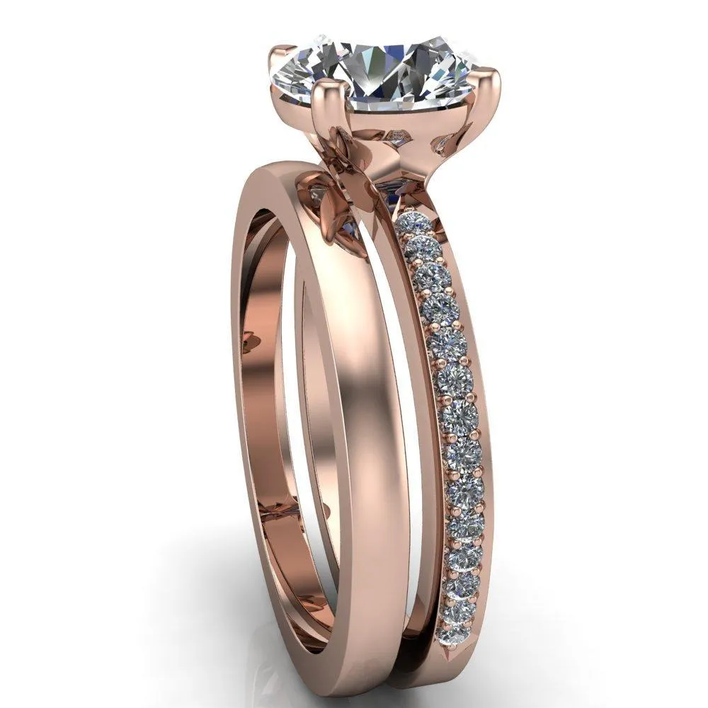 Riley Round Center Stone Exquisite 4 Prong Shank Diamond Etched Sides Solitaire Ring
