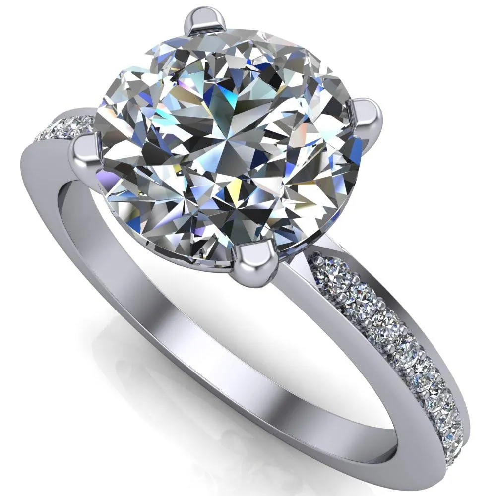 Riley Round Center Stone Exquisite 4 Prong Shank Diamond Etched Sides Solitaire Ring