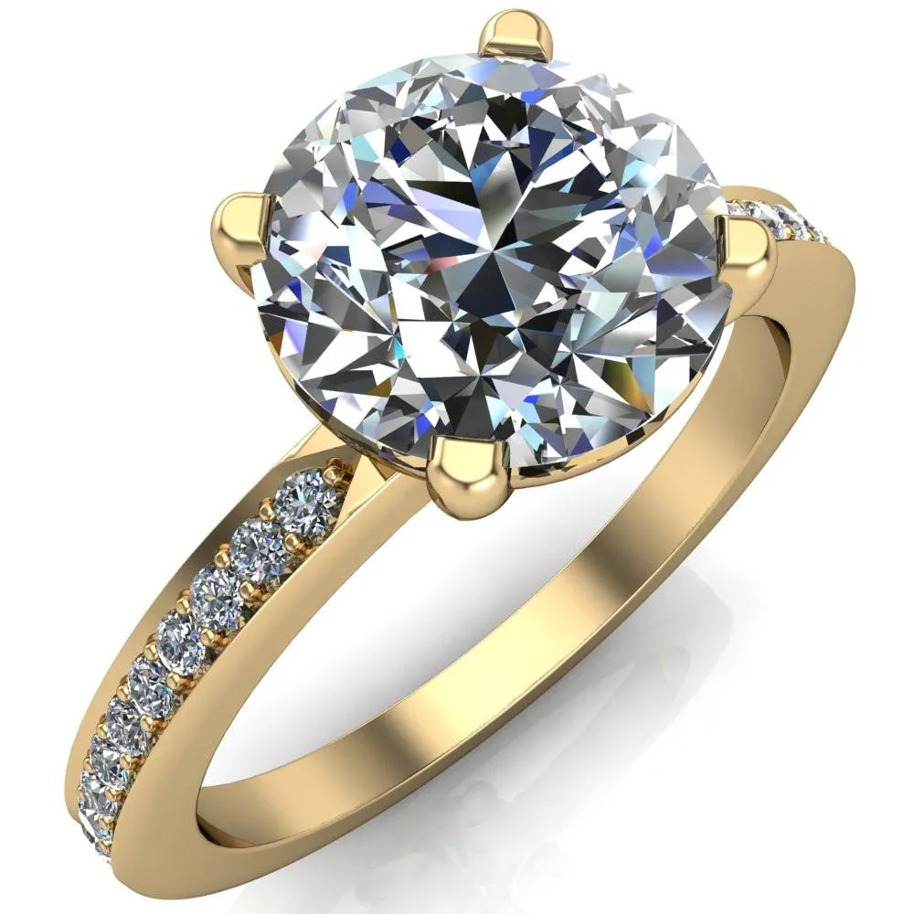 Riley Round Center Stone Exquisite 4 Prong Shank Diamond Etched Sides Solitaire Ring