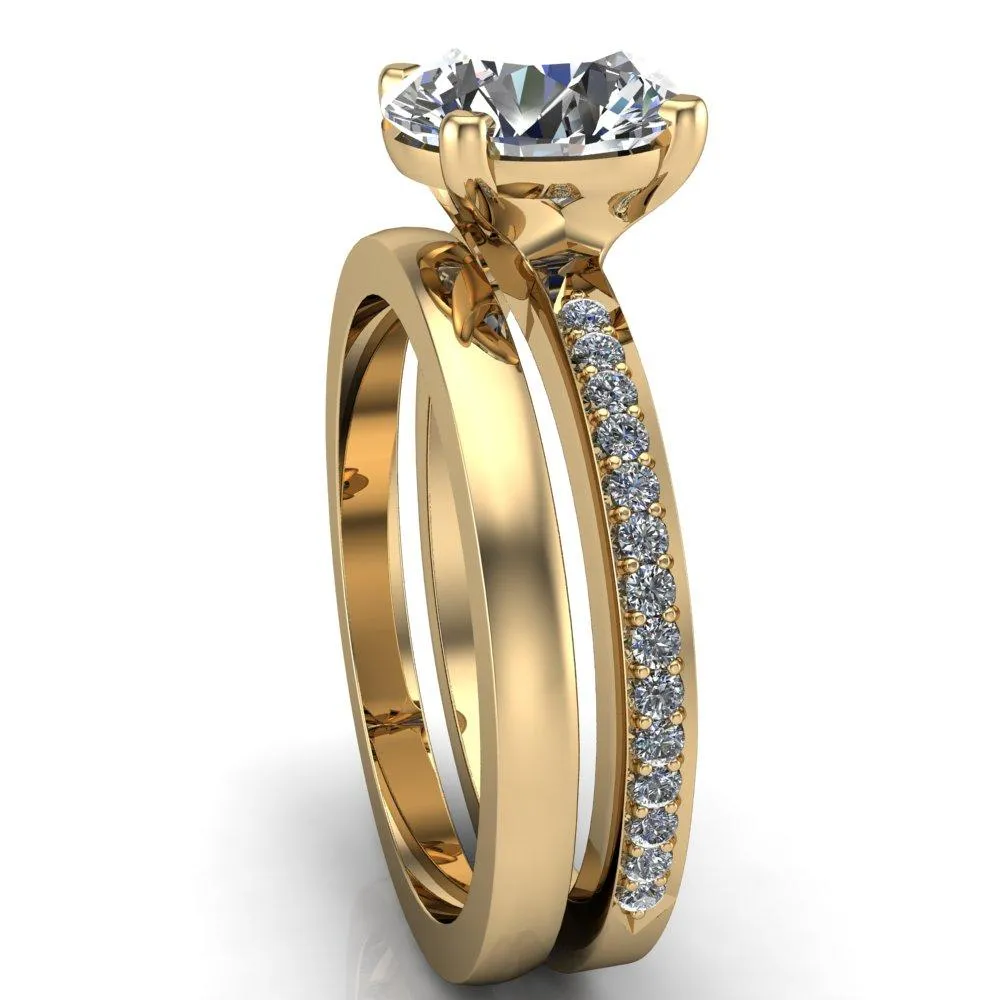 Riley Round Center Stone Exquisite 4 Prong Shank Diamond Etched Sides Solitaire Ring