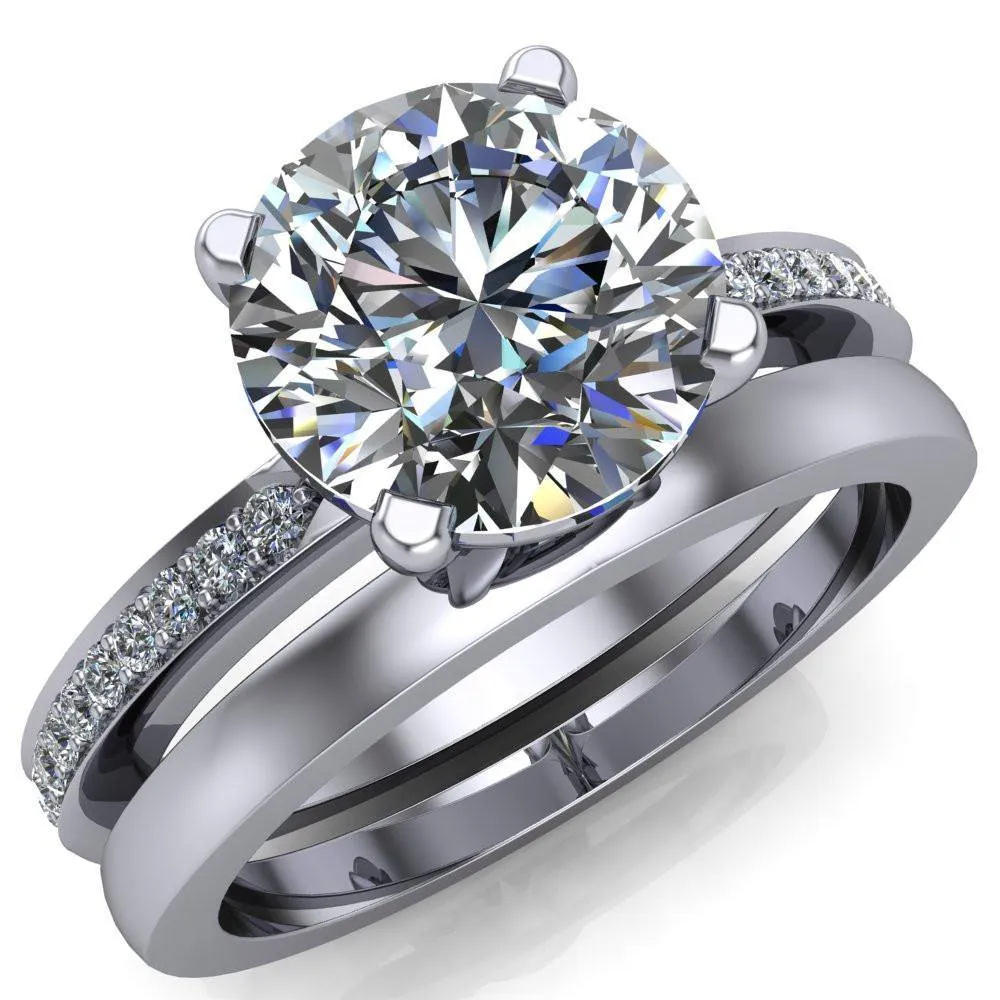 Riley Round Center Stone Exquisite 4 Prong Shank Diamond Etched Sides Solitaire Ring