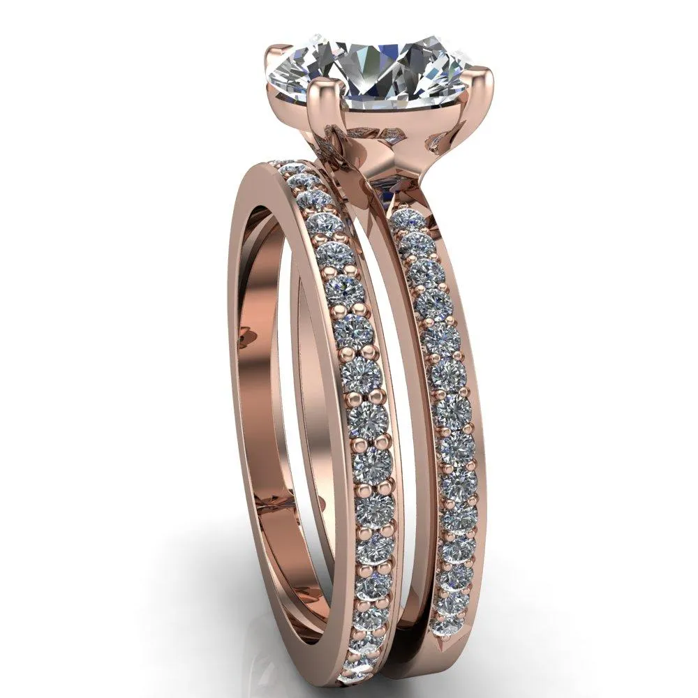 Riley Round Center Stone Exquisite 4 Prong Shank Diamond Etched Sides Solitaire Ring