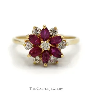 Ruby and Diamond Flower Design Ring with Marquise Cut Rubies and 1/4cttw Round Brilliant Cut Diamonds in 14 KT Yellow Gold