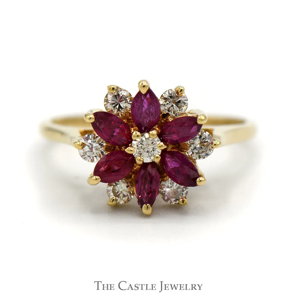 Ruby and Diamond Flower Design Ring with Marquise Cut Rubies and 1/4cttw Round Brilliant Cut Diamonds in 14 KT Yellow Gold
