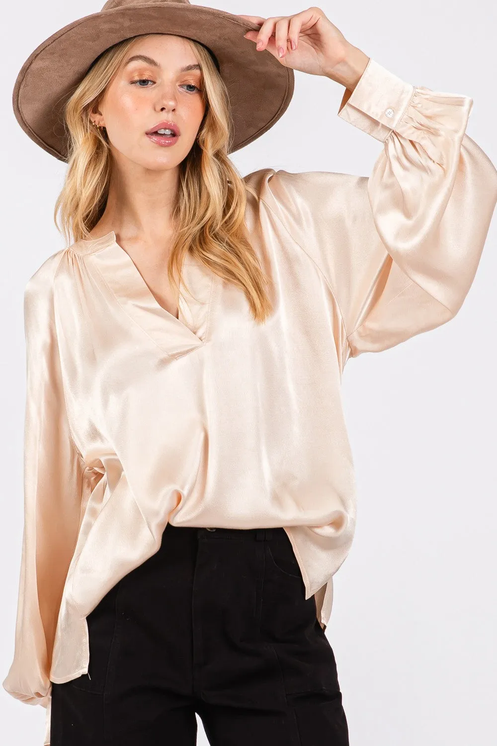 SAGE   FIG Notched Long Sleeve Blouse
