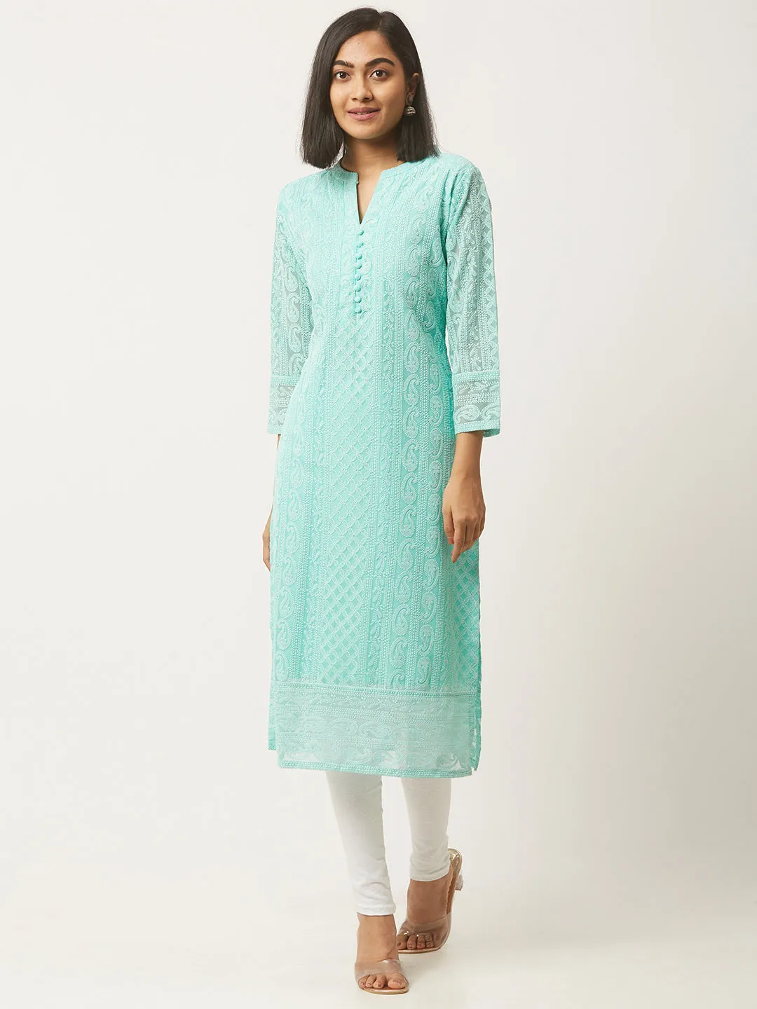 Sea Green lucknowi kurti - Paisley Embroidered Georgette Lucknowi Chikankari Kurta For Women