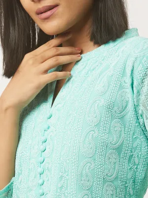 Sea Green lucknowi kurti - Paisley Embroidered Georgette Lucknowi Chikankari Kurta For Women